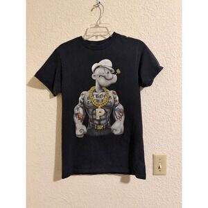 Popeye the Sailor Man Graphic‎ T-Shirt Mens Small Black Gold Chain Urban Tattoo